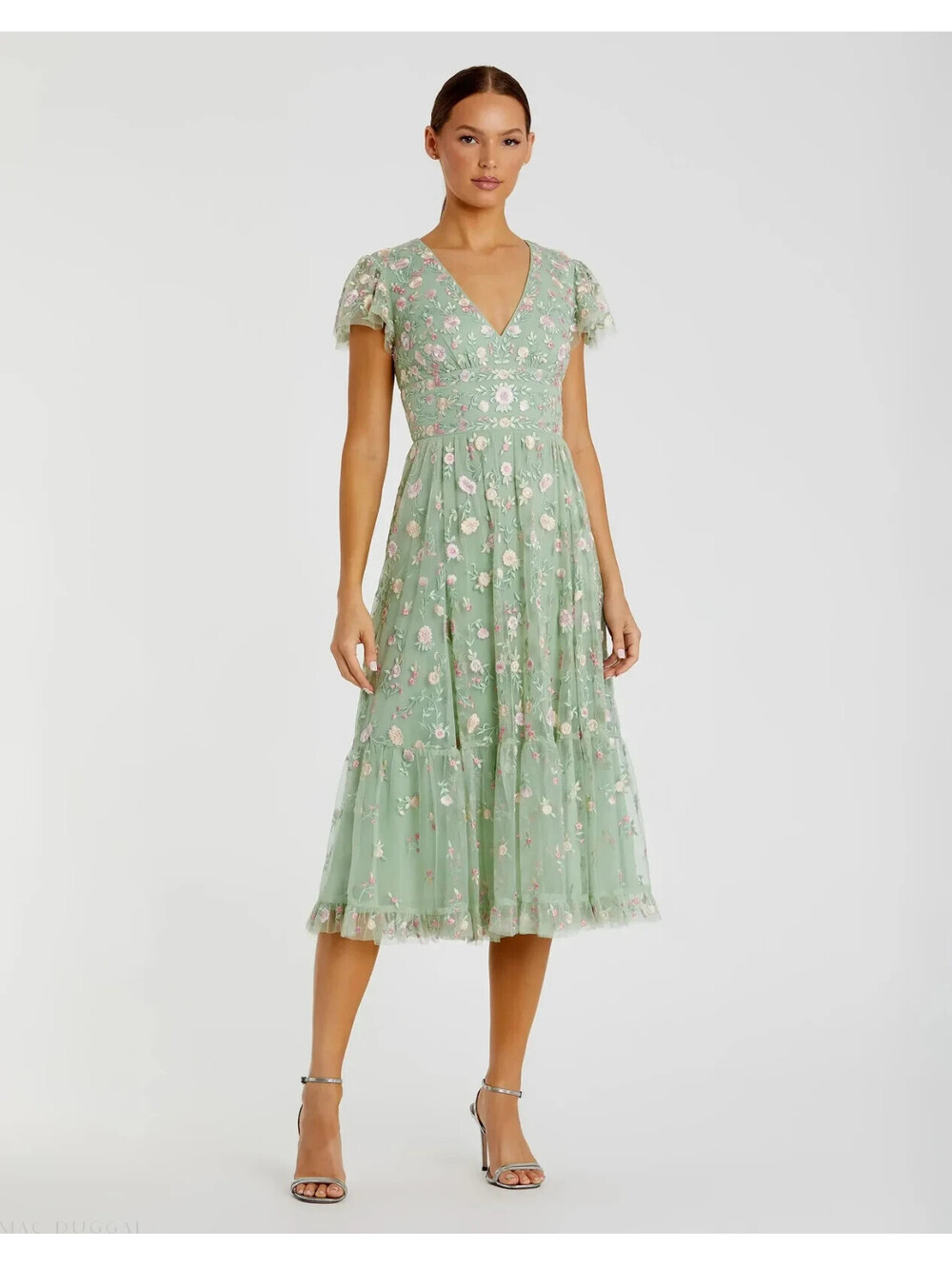 NEW, Mac Duggal Embroidered V Neck Cap Sleeve Midi Dress in Green Sz 2 #MD2530